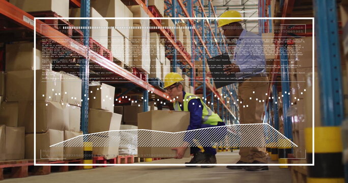 Warehouse workers in safety gear handling boxes scanning stock in warehouse, with digital overlay