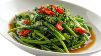 Delicious sauteed vegetables with a hint of chili, served in a white bowl.