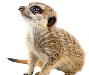 Fototapeta premium A cute brown meerkat, a small wild mammal, stands alert on guard, looking out at nature