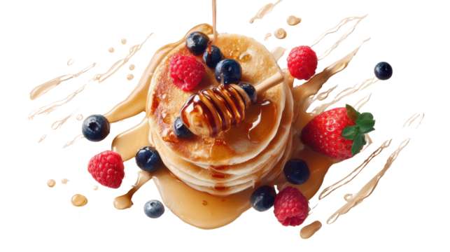 Delicious stacked pancakes topped with berries and honey, isolated on a white background.