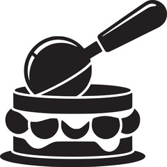 Black and white illustration of a cake with a scoop on top in a simple graphic style design element