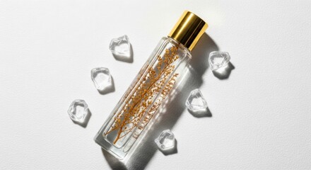 A clear bottle with a golden cap and botanical elements surrounded by ice cubes