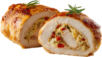 Deliciously stuffed chicken breast with herbs on a white background.