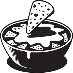 Black and white illustration of a bowl of nachos with a chip dipped in the cheese sauce