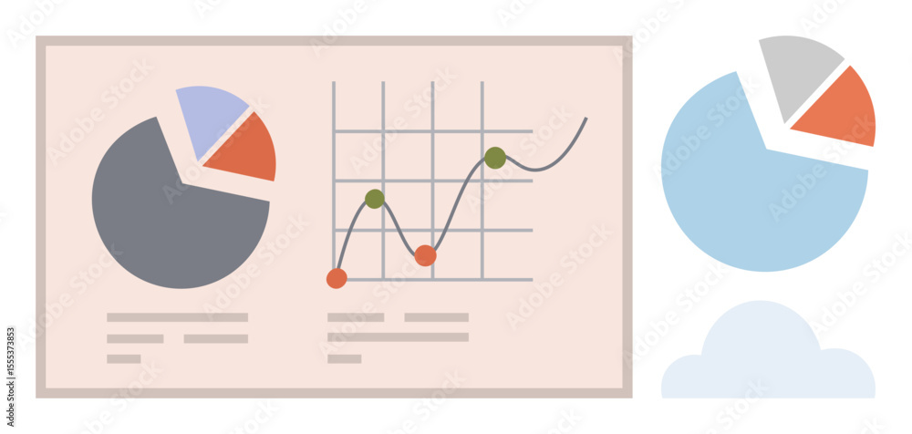 Poster interactive pie charts, line graph with connected data points, and cloud illustration. ideal for ana