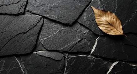 A fallen golden leaf resting on a dark stone tile arrangement pattern view