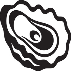 Isolated black and white graphic illustration of an oyster shell with pearl inside on white background