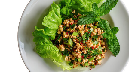 Fresh salad with minced meat and herbs on a white plate, garnished with mint leaves.