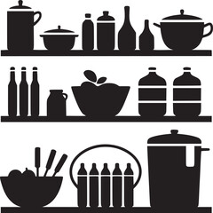 Silhouette illustration of kitchenware and bottles arranged on three shelves in a pantry style setup
