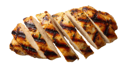 Grilled chicken breast slices on a white isolated background.
