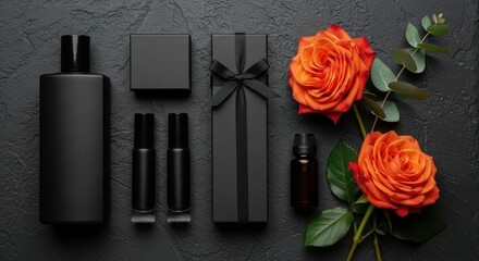 Arrangement of cosmetic containers with gift box and vibrant orange roses near by