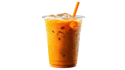Iced beverage in clear cup with straw on white isolated background.