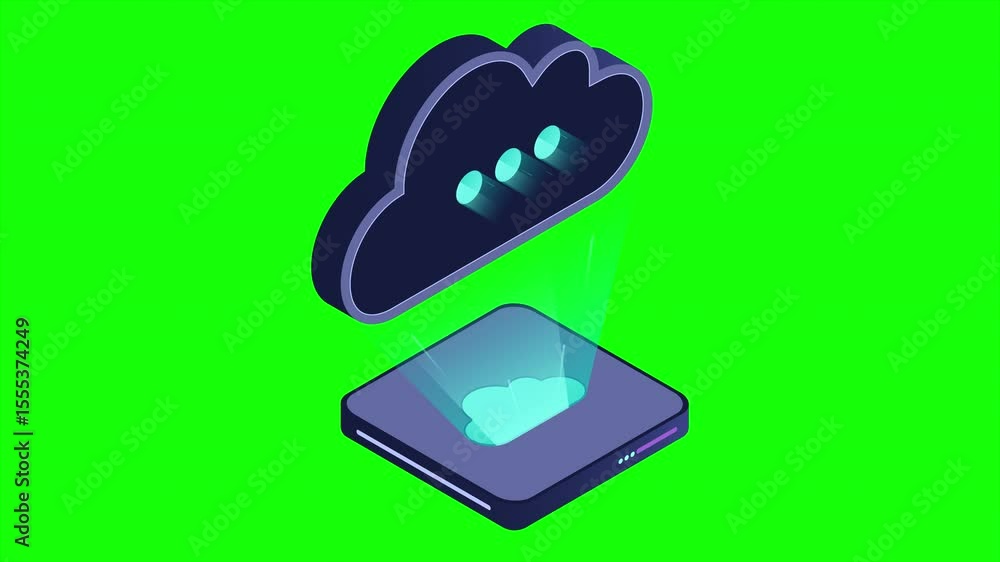 Poster isometric cloud database animation. cloud computing and file cloud storage. modern technology. motio