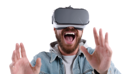 Man enjoying virtual reality experience with VR headset, isolated on white background.