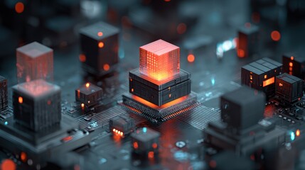 Complex circuit board with glowing cubes