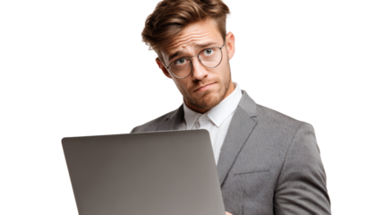 Pensive businessman working on laptop, isolated on white background.