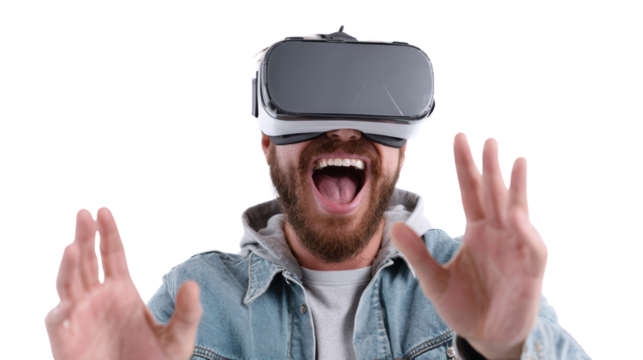 Man enjoying virtual reality experience with VR headset, isolated on white background.
