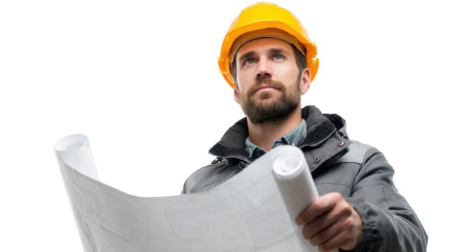 Man in hard hat examines blueprints with a thoughtful expression, ensuring project accuracy.