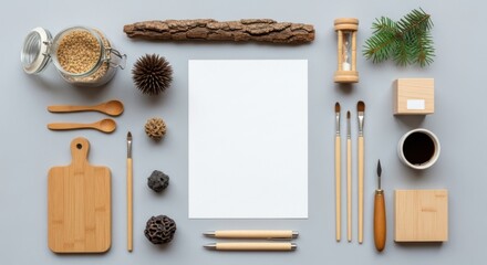 Arrangement of wooden objects and stationery items on a light grey backdrop