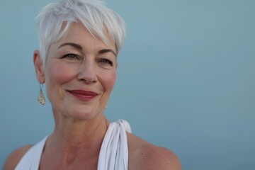 Portrait of a beautiful mature woman with short hair on blue background