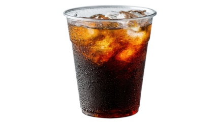 Refreshing cola drink with ice in a clear cup, isolated on a white background.