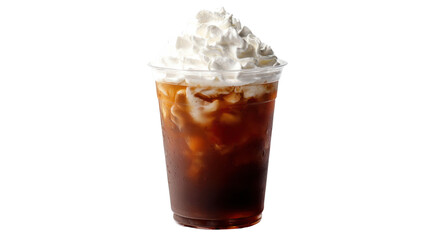 Refreshing iced coffee topped with whipped cream, served in a transparent cup on a white isolate background.