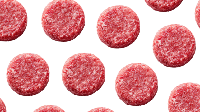 Raw ground beef patties arranged in a pattern on a white isolate background.
