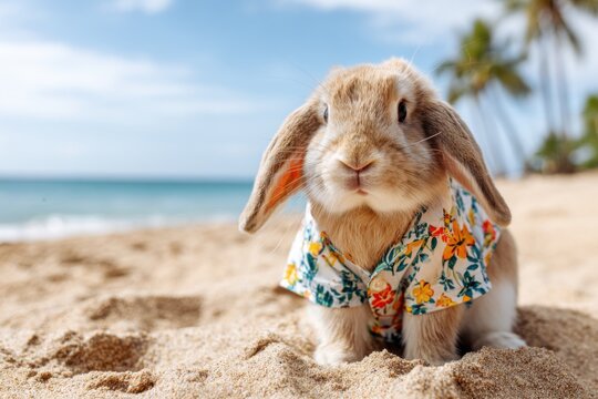 A fluffy lop-eared bunny wearing floral shirt sits on a sandy beach, cute rabbit in tropical shirt by the blue ocean.