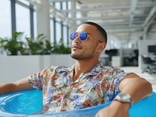 Man with sunglasses relaxing in an inflatable pool, inside a bright office space, enjoying summer vibes.
