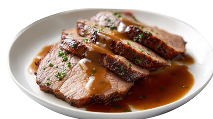 Sliced beef brisket served with rich gravy on a plate, garnished with parsley.