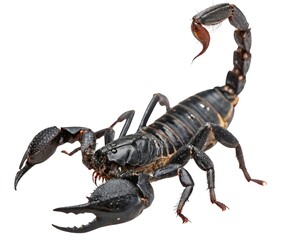 Black poisonous scorpion, an isolated arachnid insect with a dangerous sting and venomous tail, on a white background