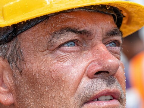 Close-up of sweating construction worker wearing yellow hard hat, looking intently with focused blue eyes.