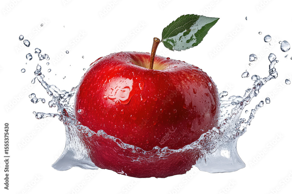 Aufkleber a single ripe red apple with a green leaf splashing into clear water with a large crown of water dro