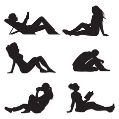 Silhouette vector art of people relaxing reading and using phone on beach vacation summer holiday vector