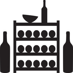 A black and white silhouette of a wine rack with bottles and a bowl on a white background display