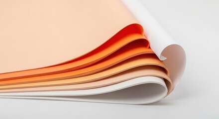 Layers of paper sheets in gradient shades from white to orange on a plain backdrop