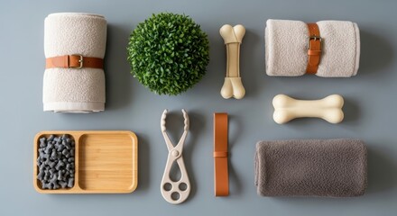 Arrangement of pet care items including towels and bone shaped treats on flat lay