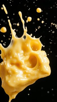 Vibrant yellow cheese sauce dripping and splashing on a dark surface.