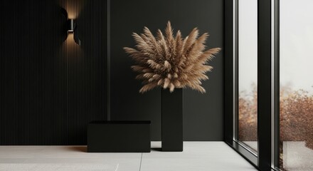 Arrangement of pampas grass in a vase with a window and lamp in the background
