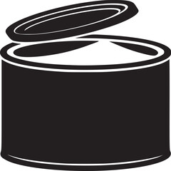 A black and white graphic illustration of an open can with a lid floating above the container edge