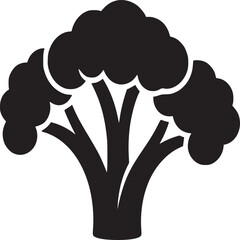 A simple black and white graphic of broccoli florets and stalk on a plain white background image