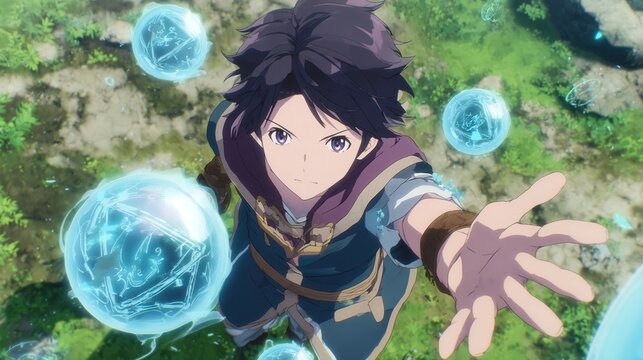 An anime-style youth with brown hair and violet eyes reaches upward toward glowing, translucent orbs floating amidst lush green foliage and rocky ground - Powered by Adobe