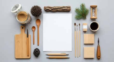 Flat lay arrangement with blank paper, art supplies, and natural elements