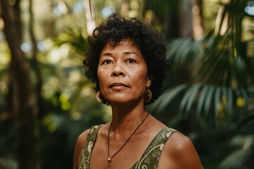 Portrait of a beautiful mature woman in the jungle, looking at camera.