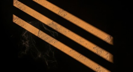 Angled light rays casting shadows on a textured wall with faint smoke detail