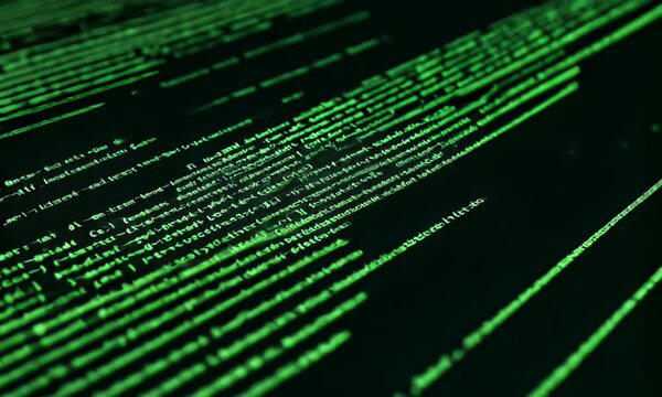 Abstract Digital Data Stream With Green Code Lines Against Dark Background