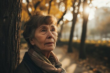 Portrait of an elderly woman in the autumn park at sunset.