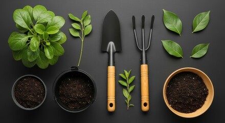 Arrangement of gardening tools with plants and soil on a plain backdrop