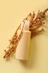 Bottle of cosmetic product and dried plant on color background