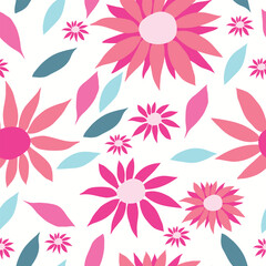 pink flowers with colorful simple leaves seamless pattern. Pink flowers with different tints and shade with colored leaves seamless pattern. It is good for tiles, fabric, decoration, textile and more.